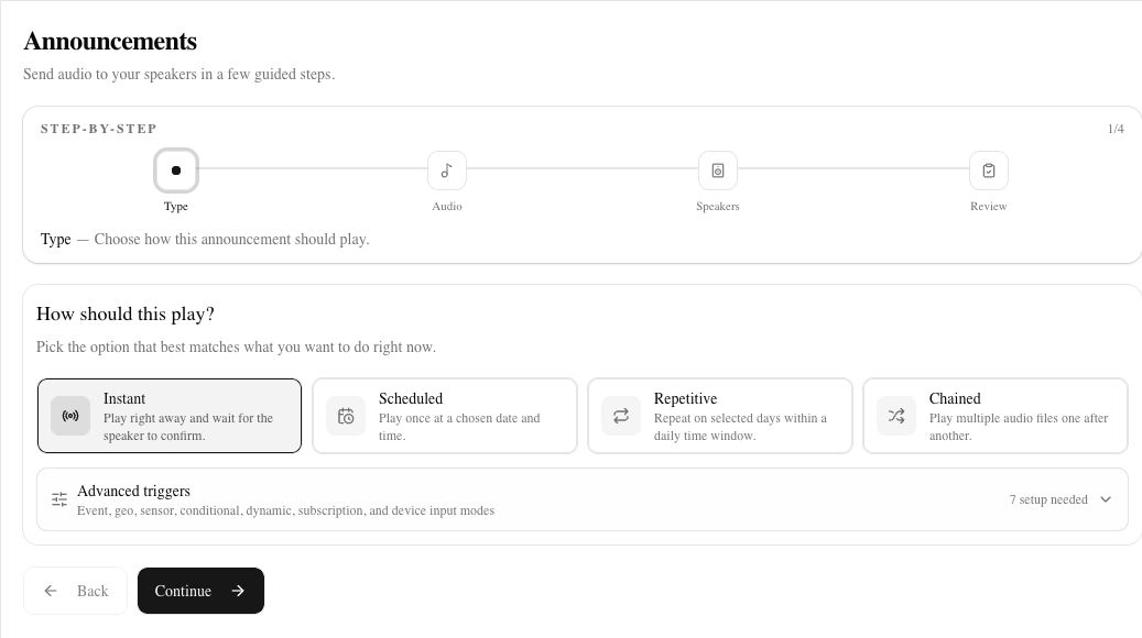 PITCH announcement workflow showing the choice between instant, scheduled, repeating, and chained playback.