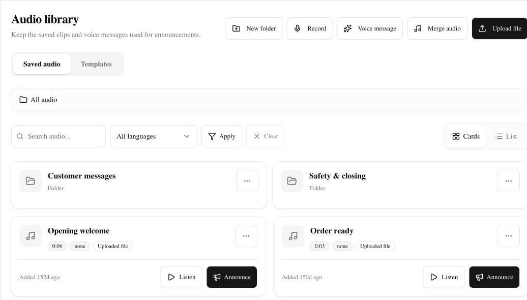 PITCH Saved audio library with clearly named messages and folders for customer messages and safety announcements.