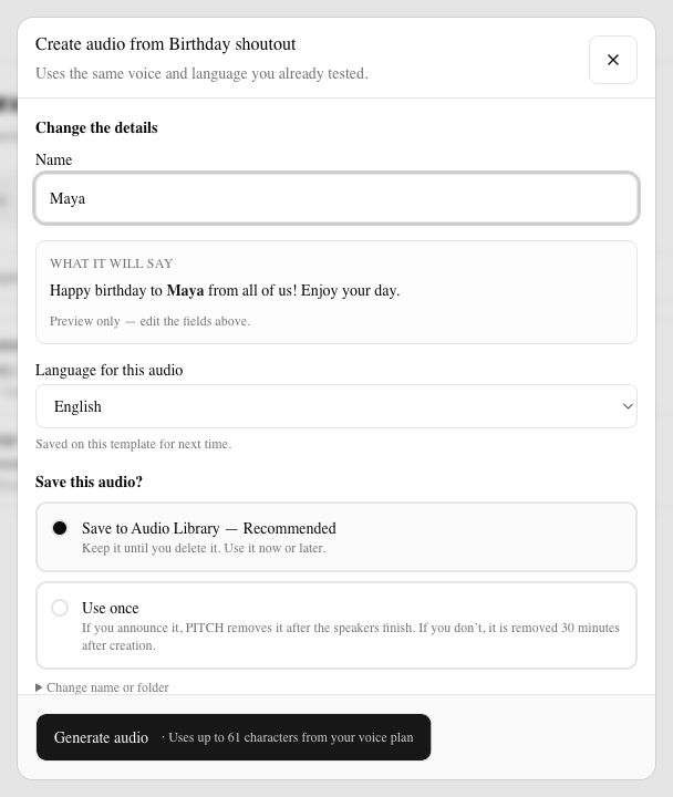 PITCH Template generator with one detail changed and a preview of the final spoken message.